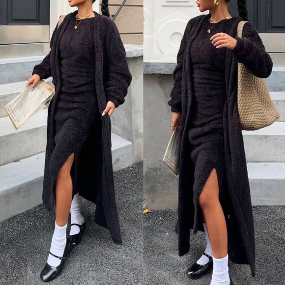 Classic Black Split Thigh Sleeveless Midi Dress Cardigan Set - Picture 1 of 2